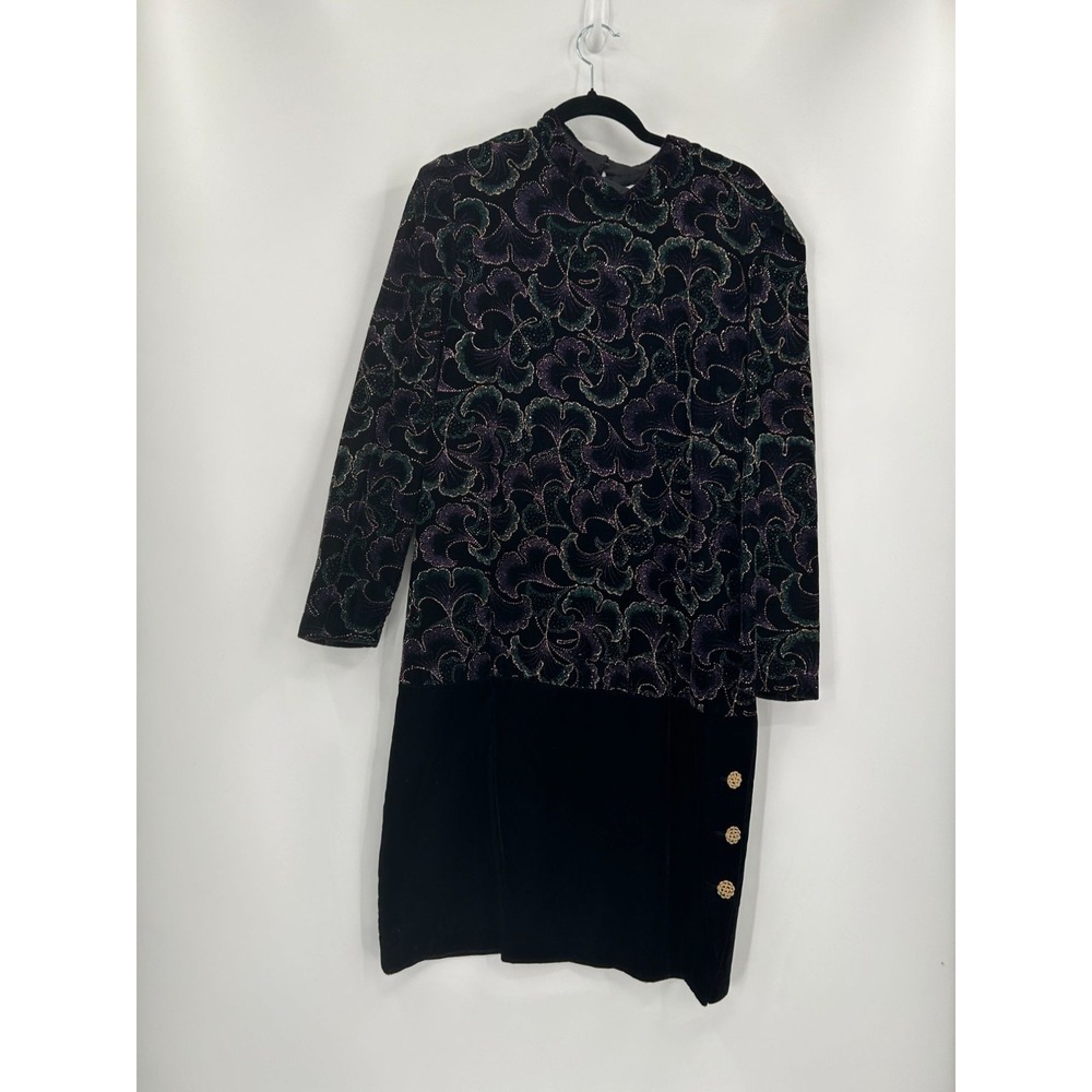 Another Thyme‎ Vintage Black & Purple Embellished Dress Gold Buttons Sz 12 Goth